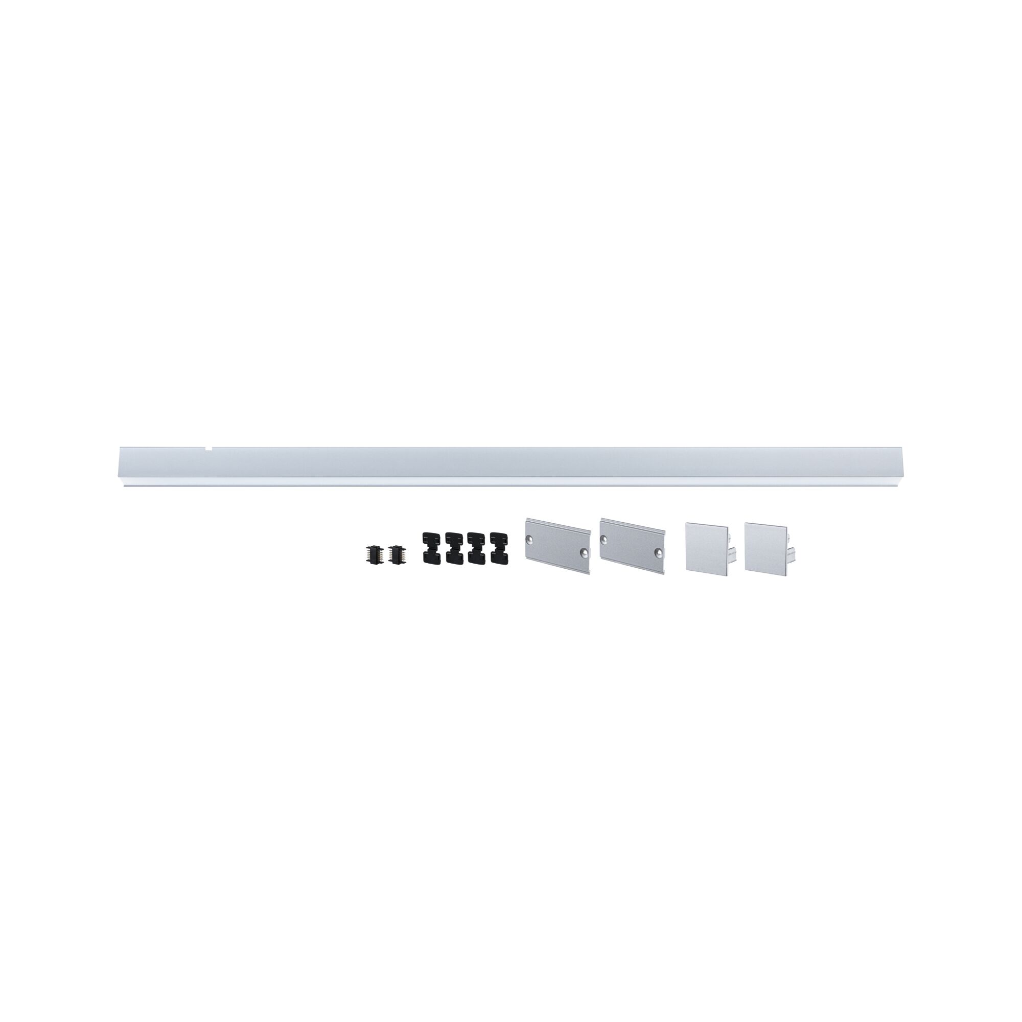 Silver aluminium LED track profile with mounting clips and end caps for LED lighting systems