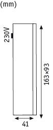 Technische Zeichnung eines rechteckigen Leuchtkörpers mit Maßen 163x93x41 mm und 230V Spannung