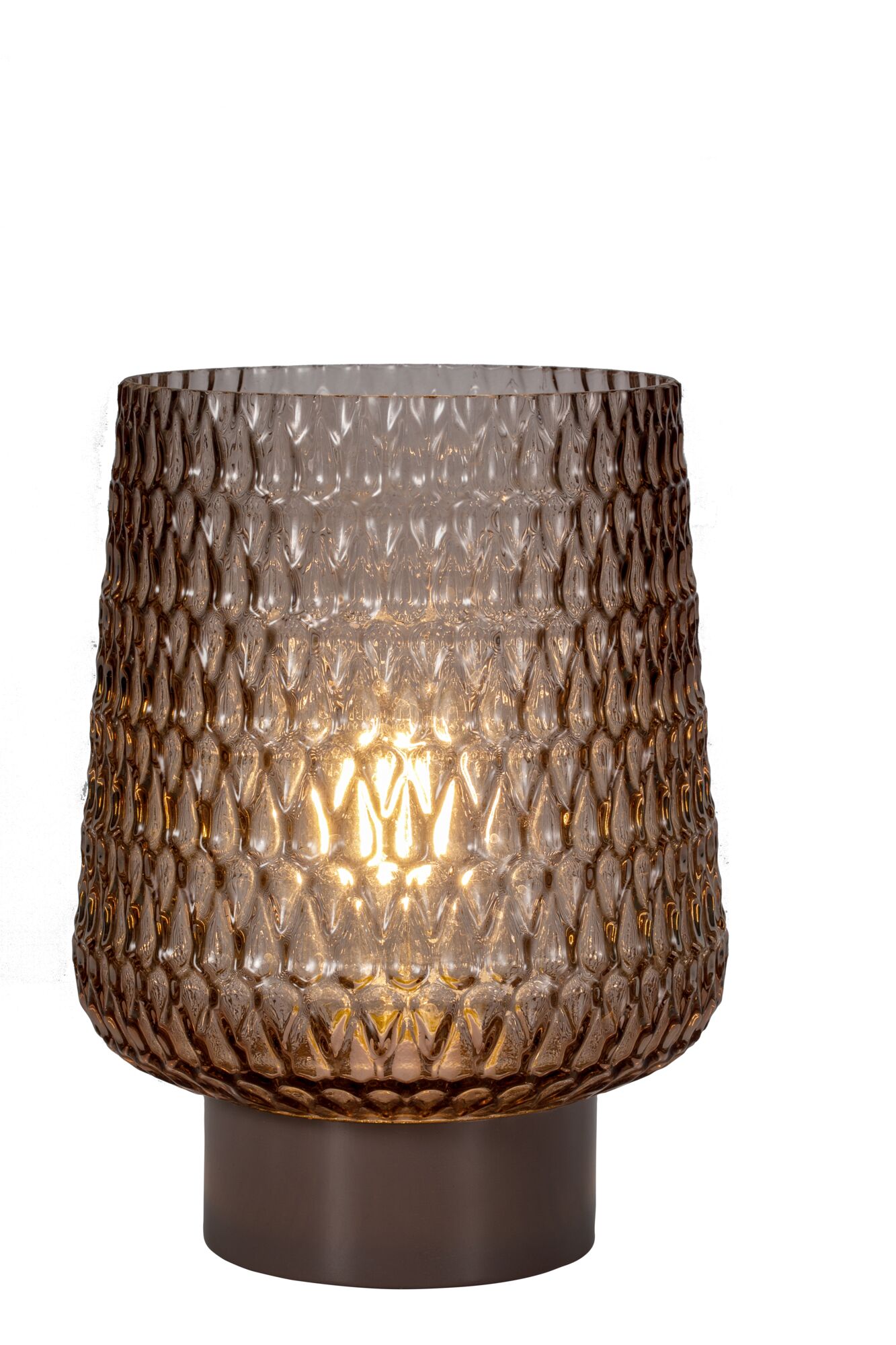 Brown textured glass table lamp with warm light and matte metal base, ideal for cozy home lighting