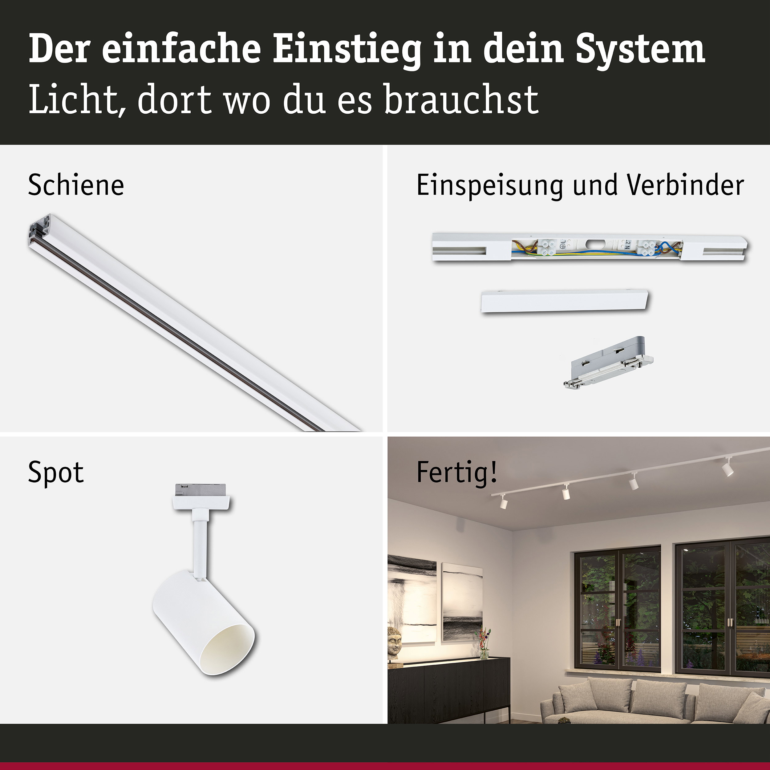 URail Schienenspot Luxe Starterset Mitteleinspeisung GU10 max. 10W 230V Signalweiß