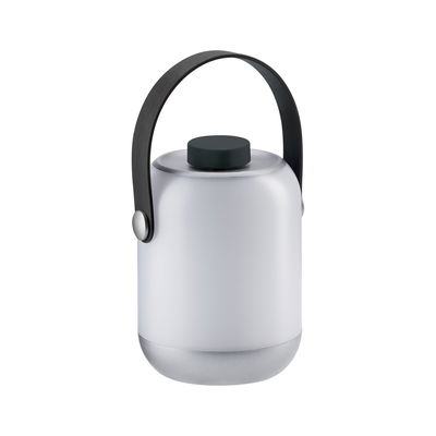 Modern portable white LED lantern with black handle and silver base for outdoor lighting use
