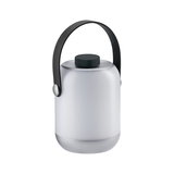 Lanterne LED portable moderne blanche avec poignée noire et base argentée pour éclairage extérieur