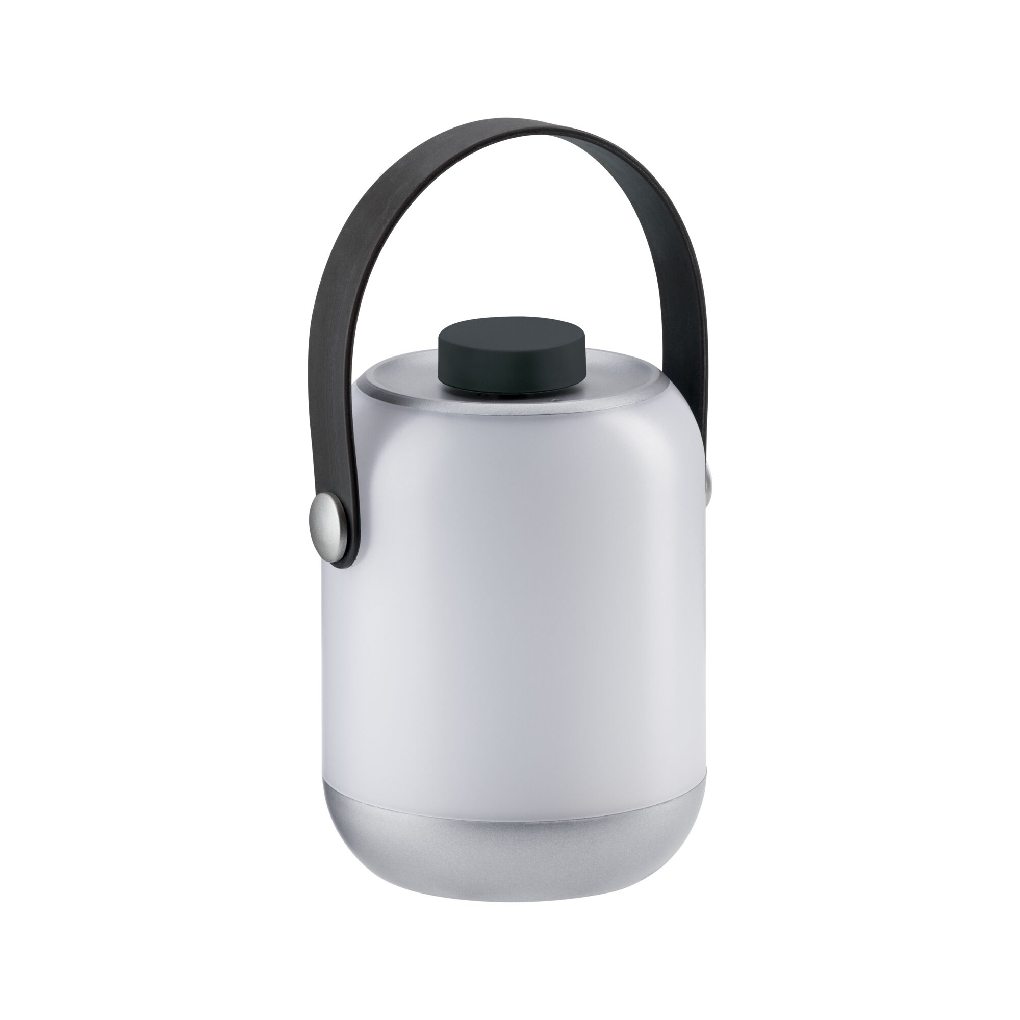 Lanterne LED blanche moderne avec poignée noire et base argentée pour éclairage extérieur