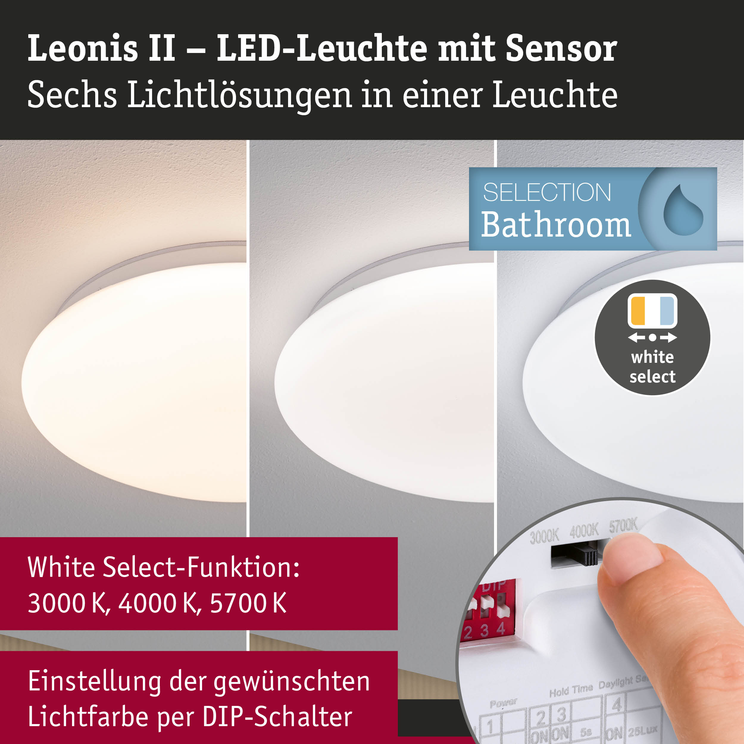Leonis II LED-Deckenleuchte mit Sensor und einstellbarer Lichtfarbe in Weiß für Badezimmer