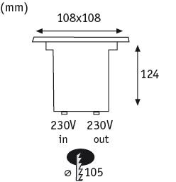 Technical drawing of a square LED recessed spotlight with 108x108 mm size and 230V connection
