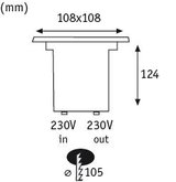 Technical drawing of a square LED recessed spotlight with 108x108 mm size and 230V connection