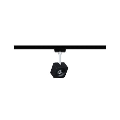 Black square metal LED spotlight on track system for flexible room lighting solutions
