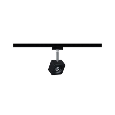 Black square metal LED spotlight on track system for flexible room lighting solutions