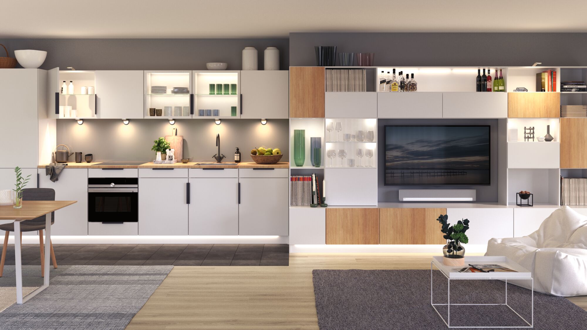 Cuisine blanche moderne avec plan de travail en bois et éclairage LED intégré dans un salon ouvert avec TV.