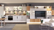 Cuisine blanche moderne avec plan de travail en bois et éclairage LED intégré dans un salon ouvert avec TV.