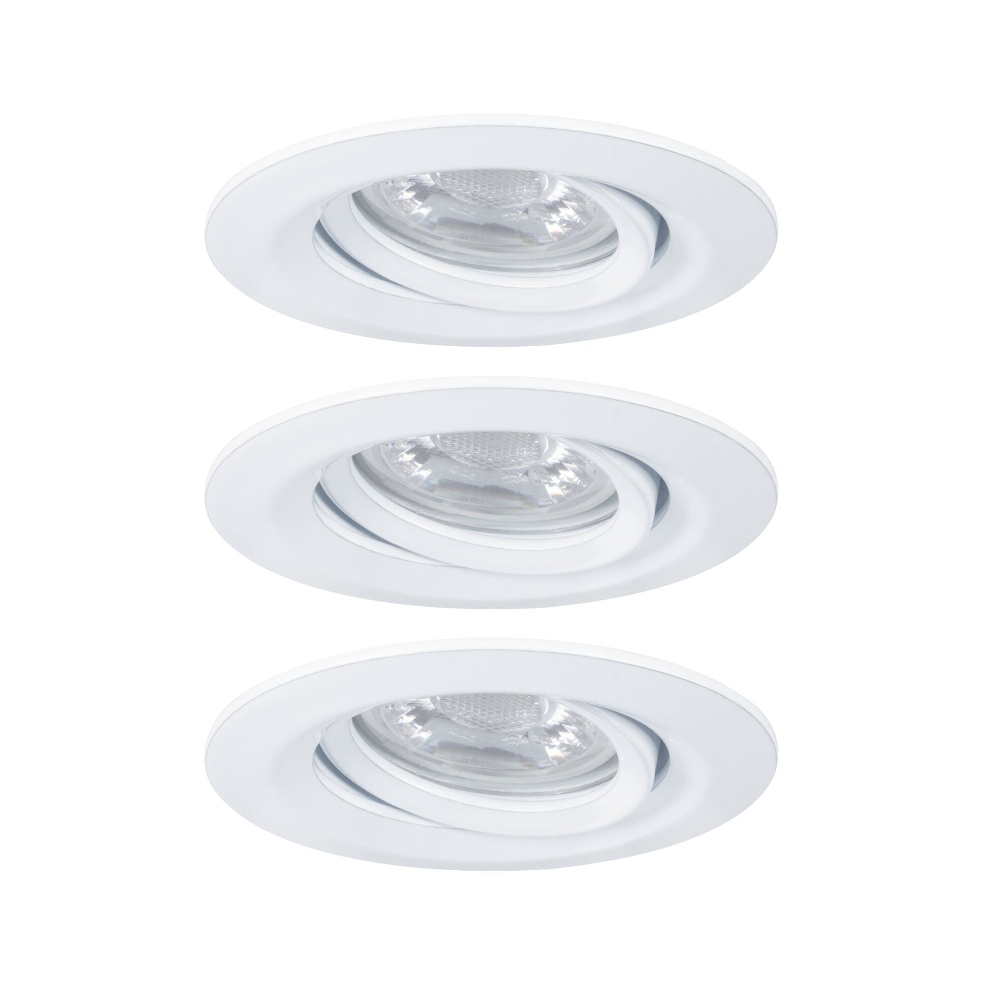 Three white plastic recessed spotlights with adjustable reflector for modern LED lighting solutions
