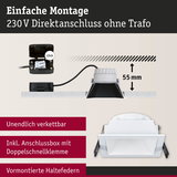 Weißer quadratischer LED-Einbaustrahler mit 55 mm Einbautiefe und Anschlussbox für einfache Montage