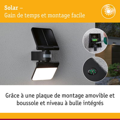 Applique solaire noire avec plaque de montage amovible, boussole et niveau à bulle intégrés pour une installation facile