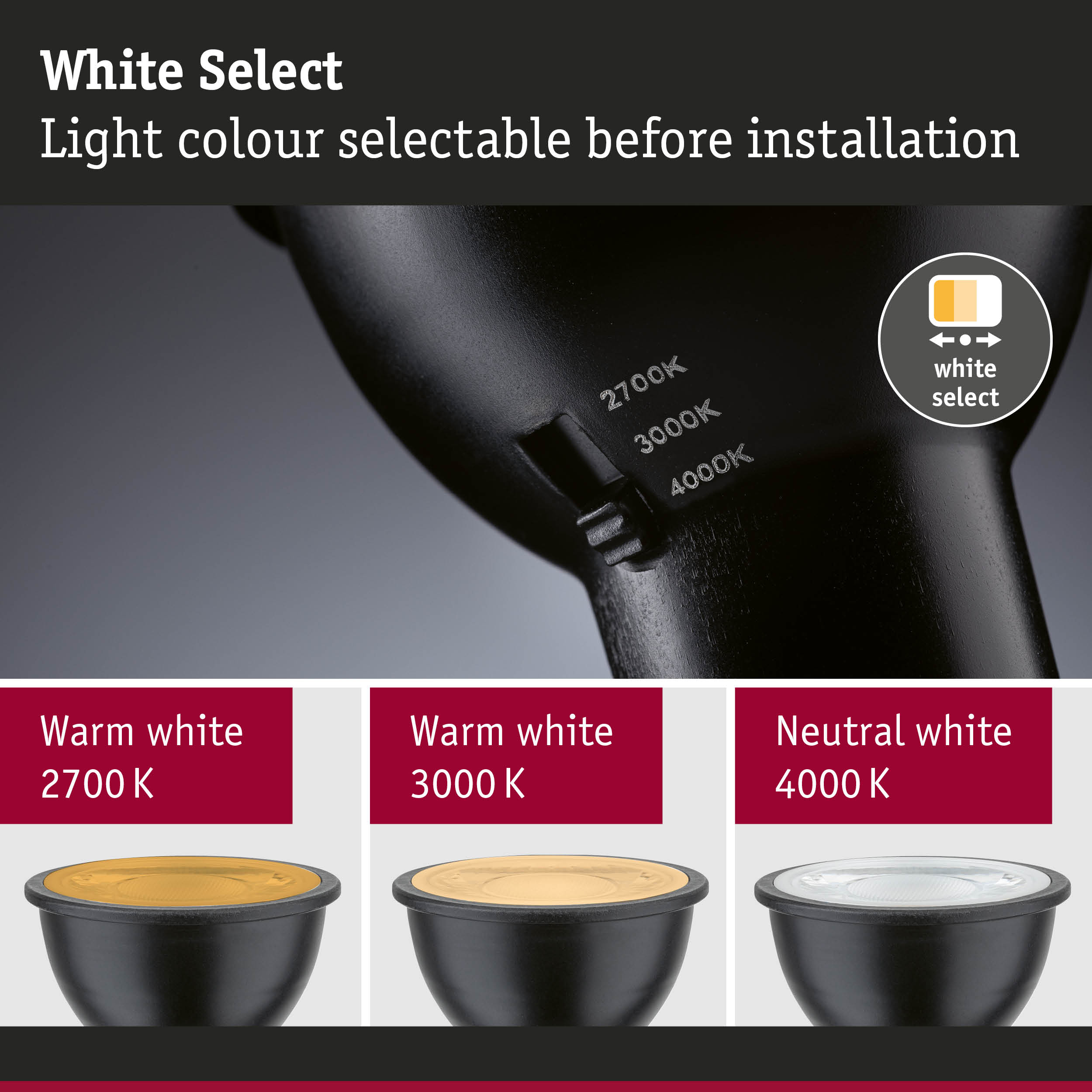 Black LED lamp with adjustable light colour from 2700K to 4000K for versatile lighting options