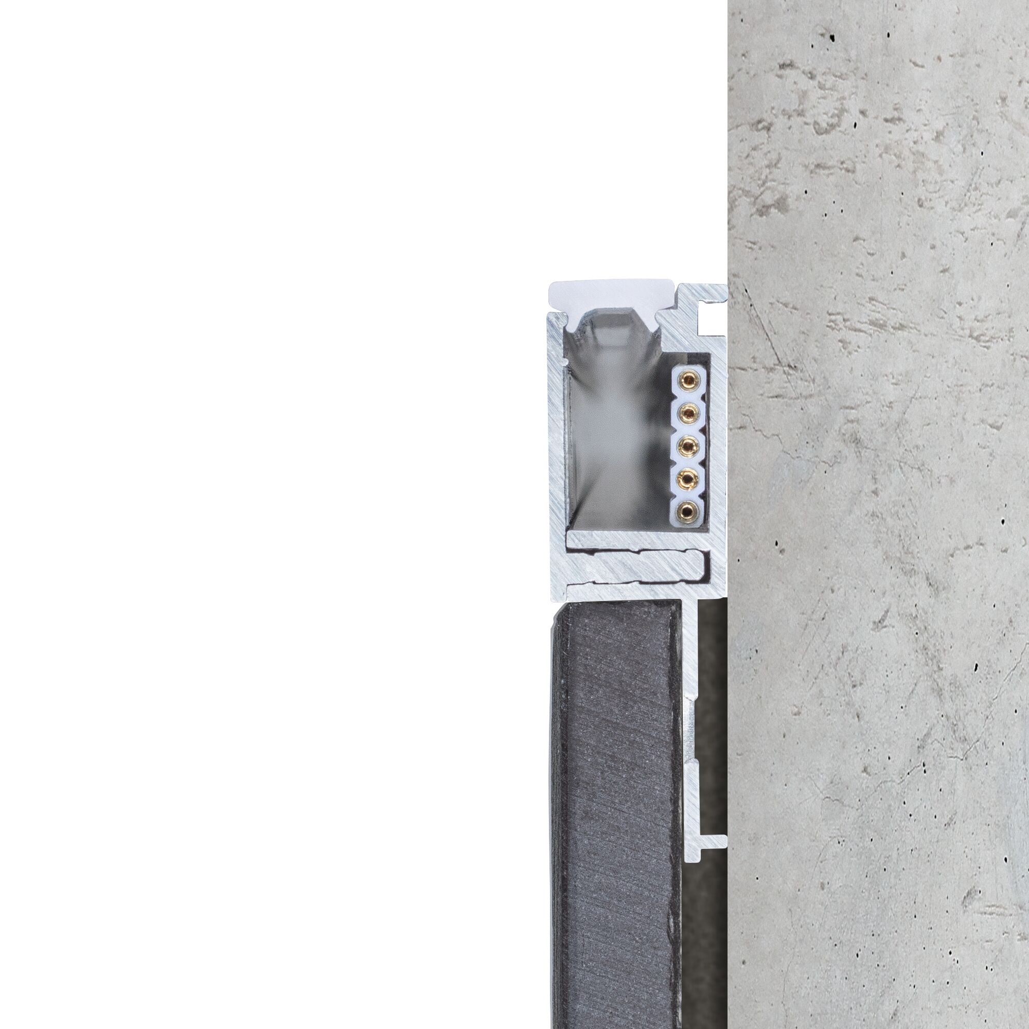 Cross-section of aluminium profile with LED contacts and black seal for LED light strips