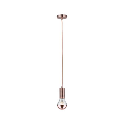 Modern copper pendant light with clear bulb and fabric cord for stylish interior lighting