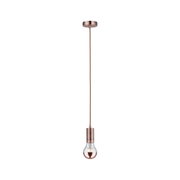 Modern copper pendant light with clear bulb and fabric cord for stylish interior lighting
