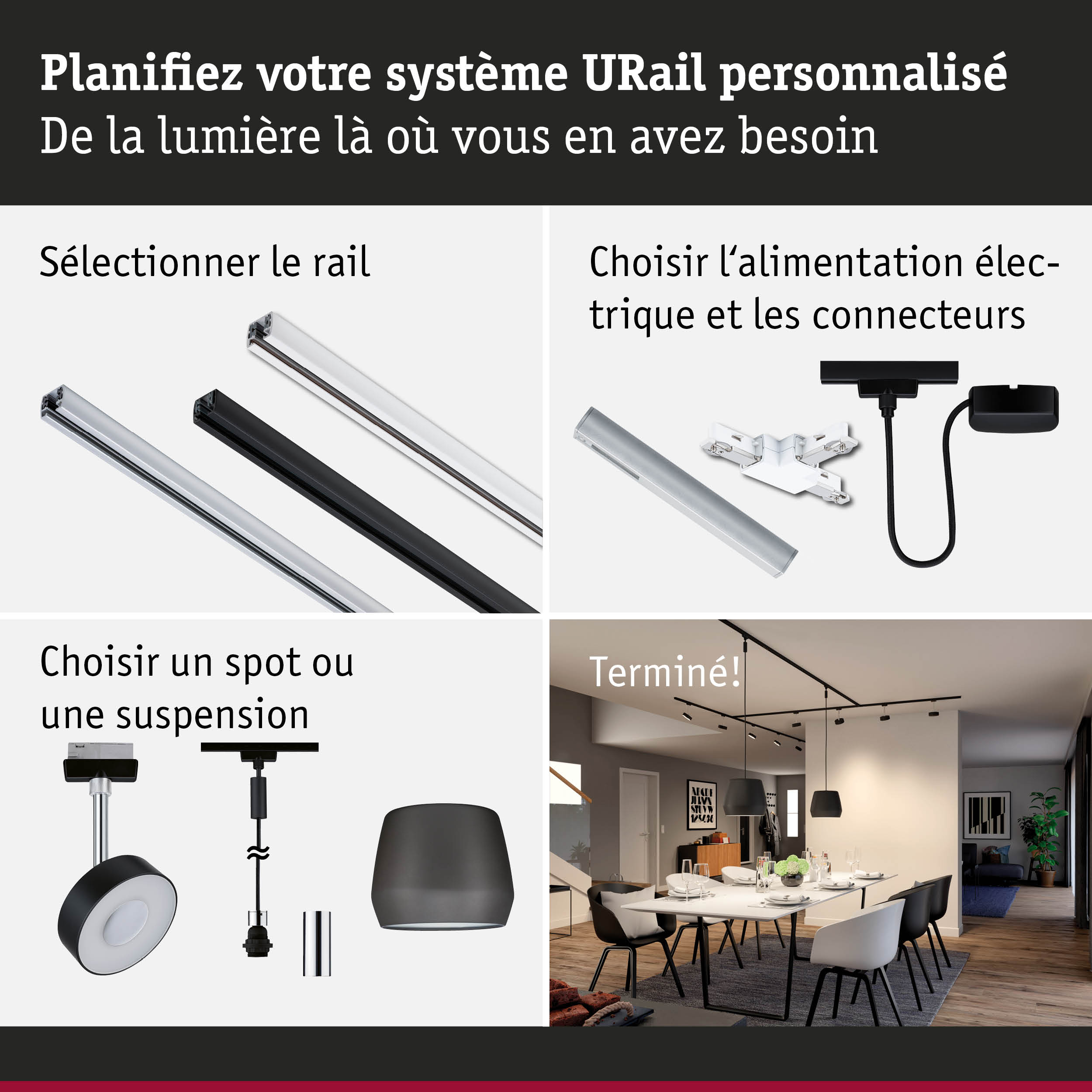 Système de rail URail modulaire avec différentes rails et connecteurs électriques pour un éclairage personnalisé