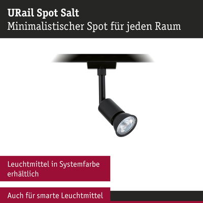 Minimalistischer schwarzer URail Spot Salt aus Metall für flexible Raumbeleuchtung mit smarten Leuchtmitteln