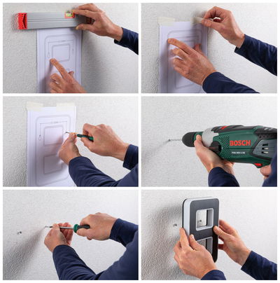 Installation steps using level, drill, and screwdriver for black LED wall light on white textured wall