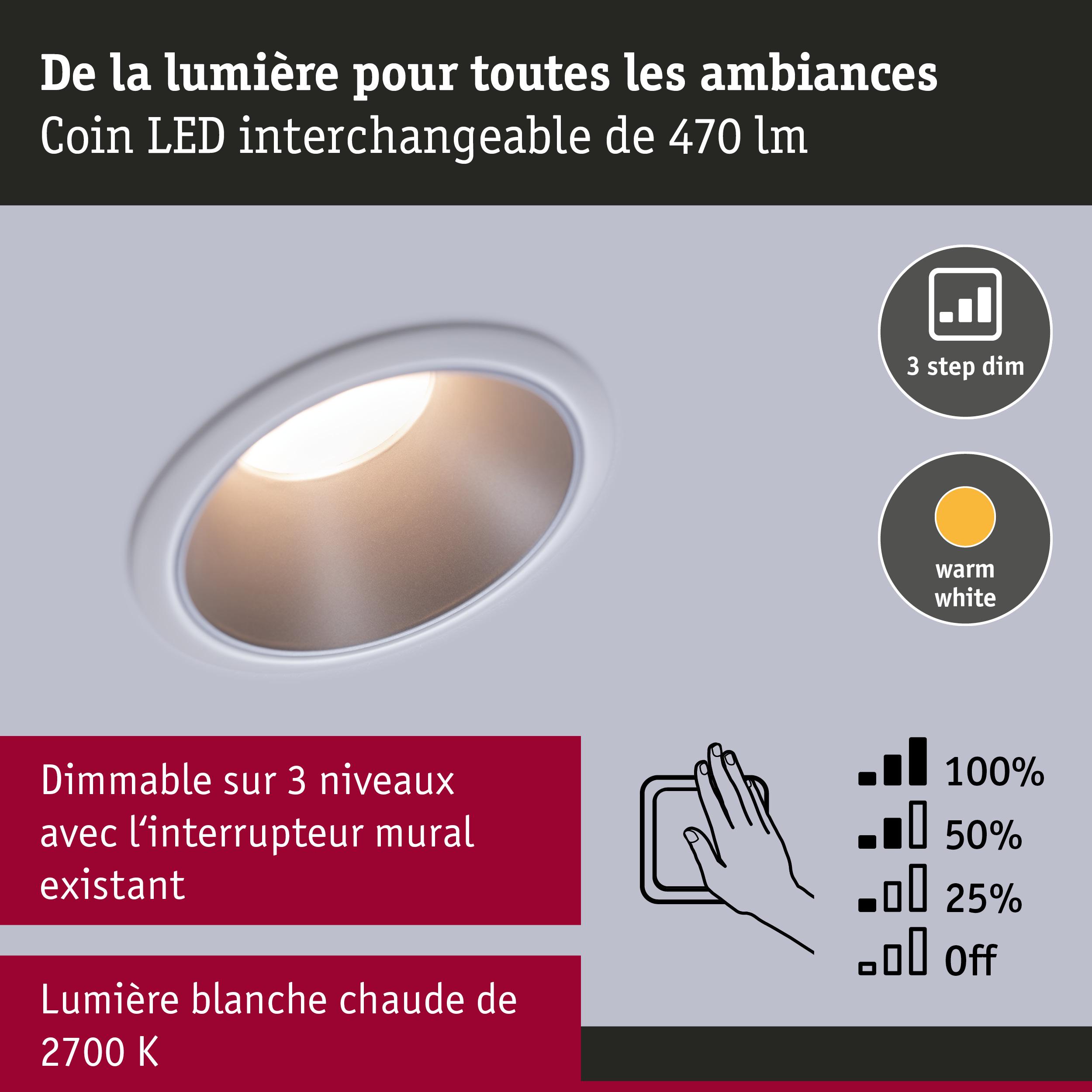 Spot LED encastré blanc avec lumière blanc chaud et gradation en 3 niveaux pour ambiance