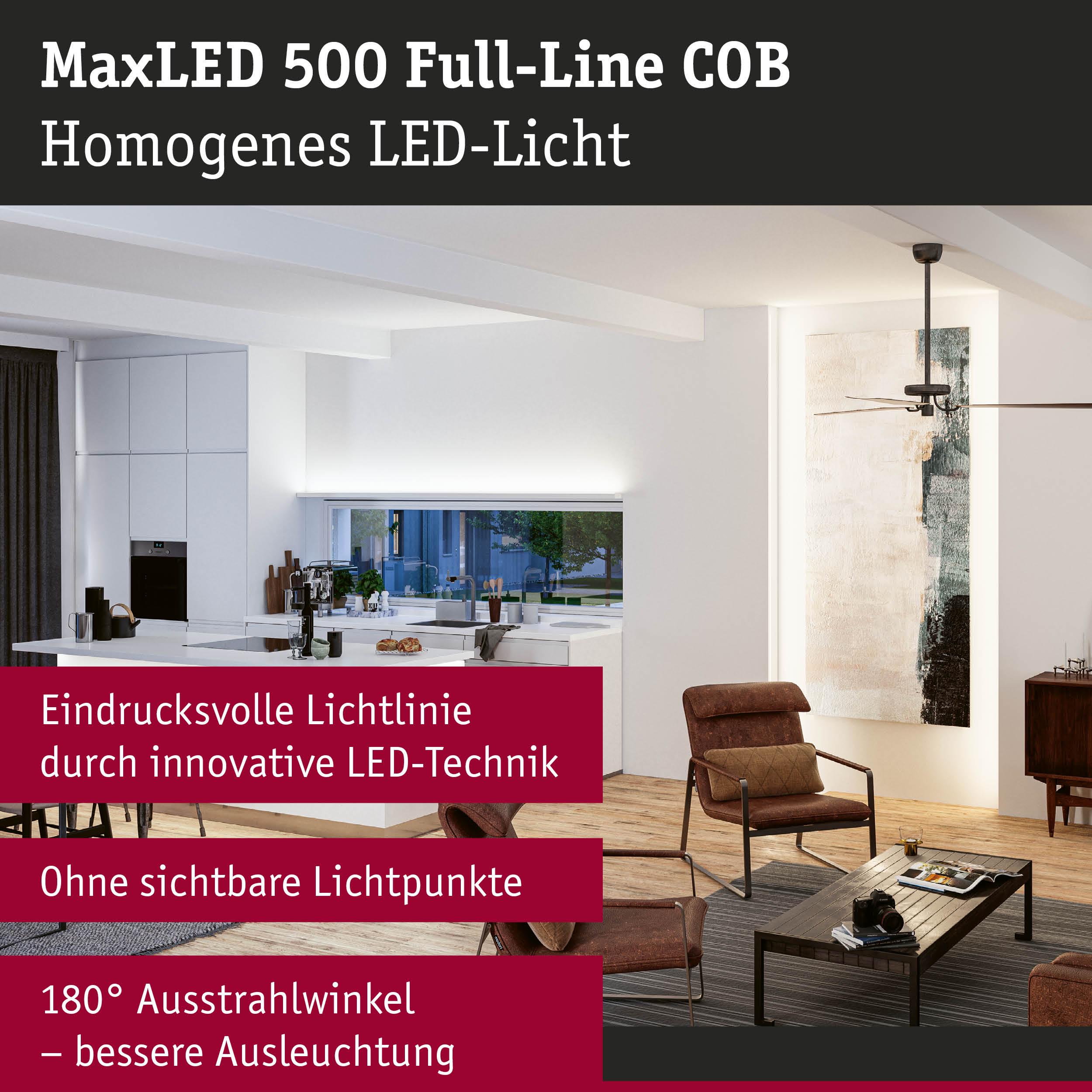 Moderne Wohnküche mit MaxLED 500 Full-Line COB LED-Lichtlinie in Weiß für homogene Beleuchtung