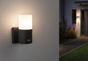 Moderne Außenwandleuchte aus schwarzem Metall mit weißem Glas und Bewegungsmelder für Gartenbeleuchtung.