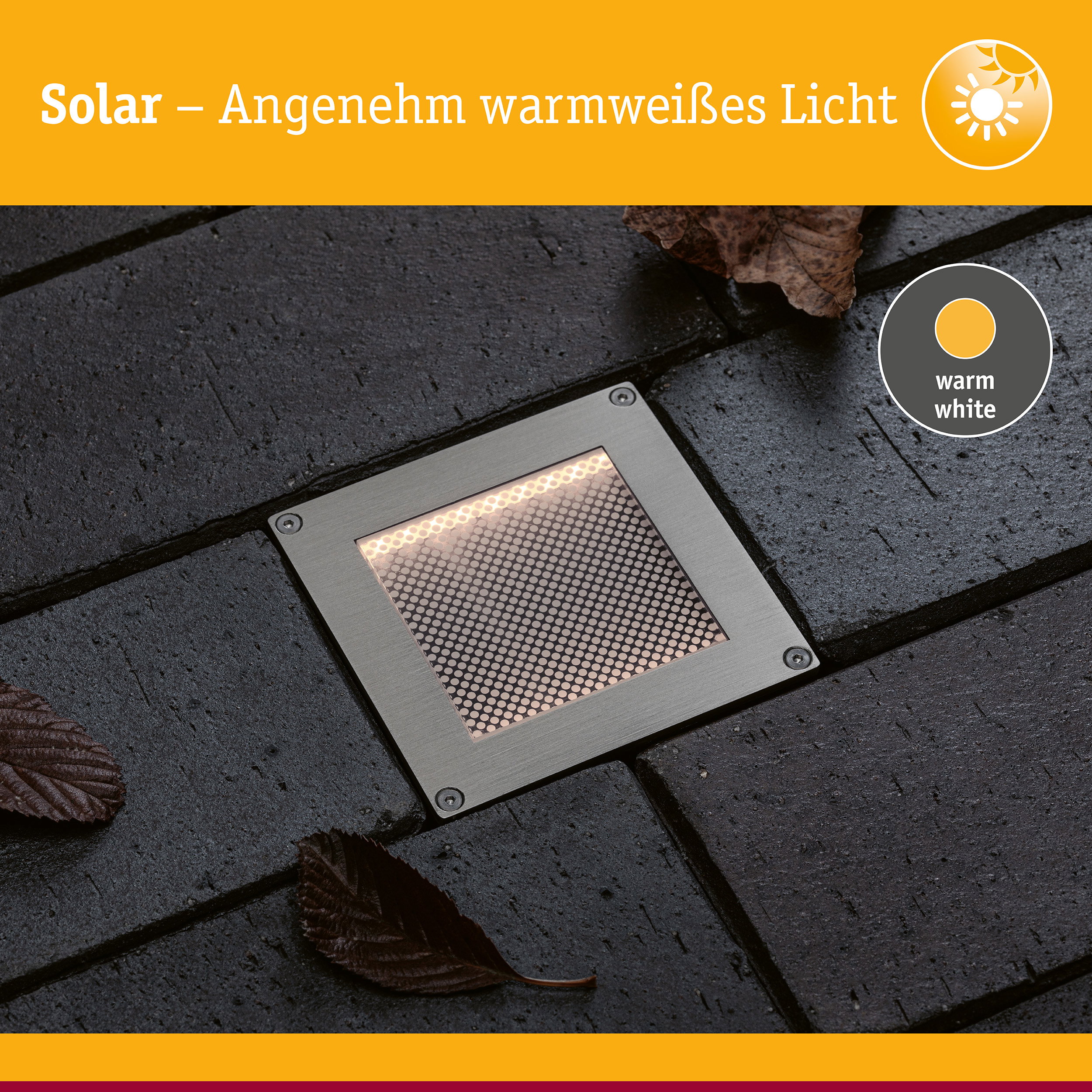 Solar LED Bodeneinbauleuchte Sorea Dämmerungssensor IP67 eckig 100x100mm 3000K 0,1W 6lm 3,7V Eisen gebürstet ABS/Polycarbonat/Edelstahl