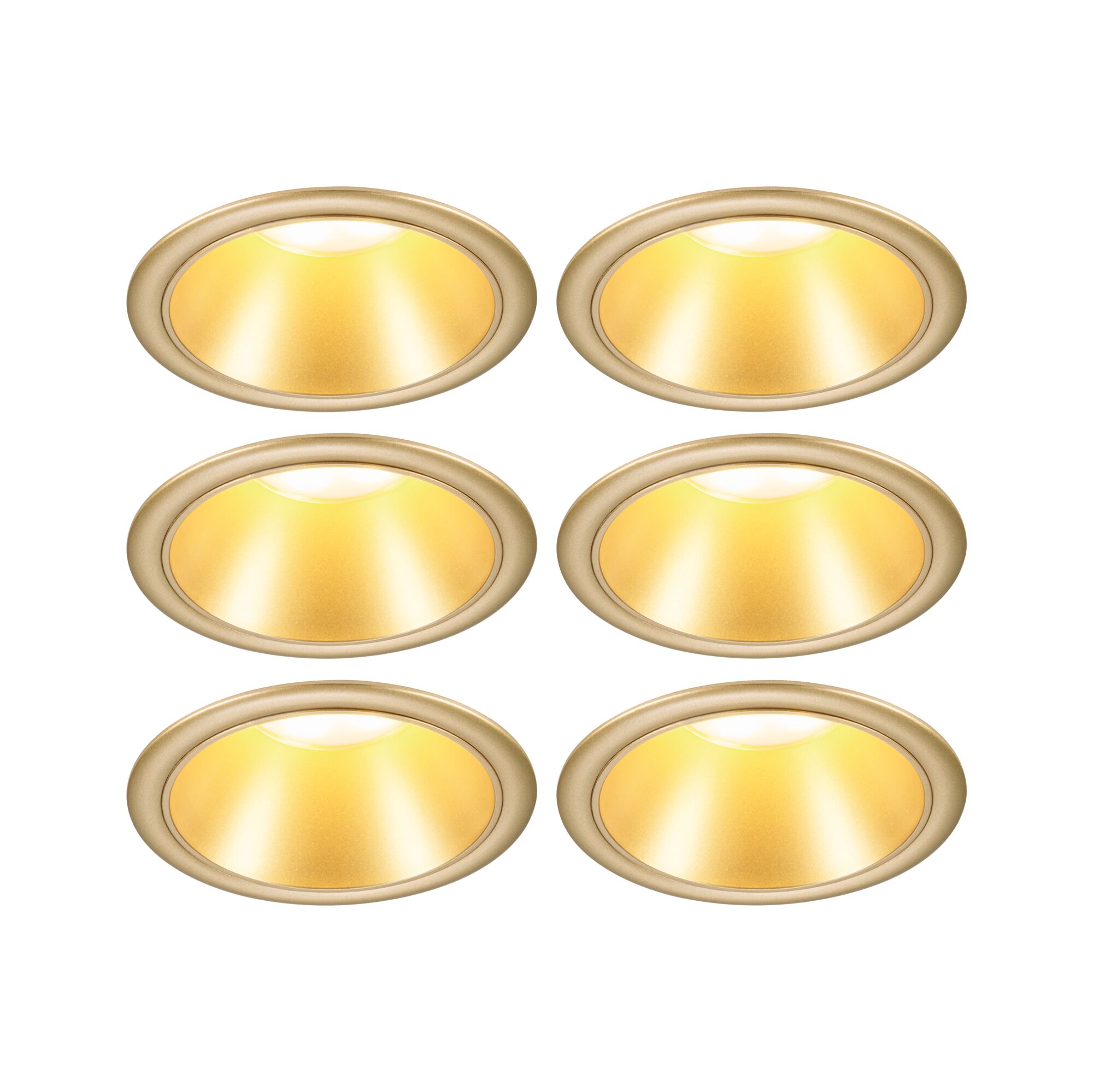 Sechs goldfarbene LED-Einbaustrahler mit warmweißem Licht für moderne Wohnraumbeleuchtung.