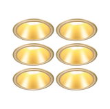 Zes gouden LED inbouwspots met warm wit licht voor moderne woonverlichting.