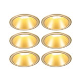 Set of six gold LED recessed spotlights with warm white light for modern home lighting.