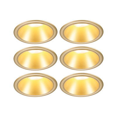 Set of six gold LED recessed spotlights with warm white light for modern home lighting.