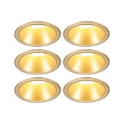 Lot de six spots encastrés LED dorés avec lumière blanc chaud pour éclairage intérieur moderne.