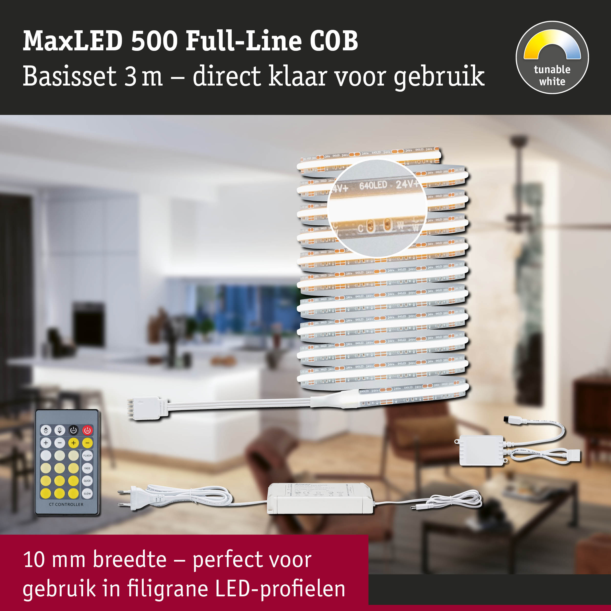 MaxLED 500 Full-Line COB LED-stripset met afstandsbediening en voeding voor instelbaar wit licht