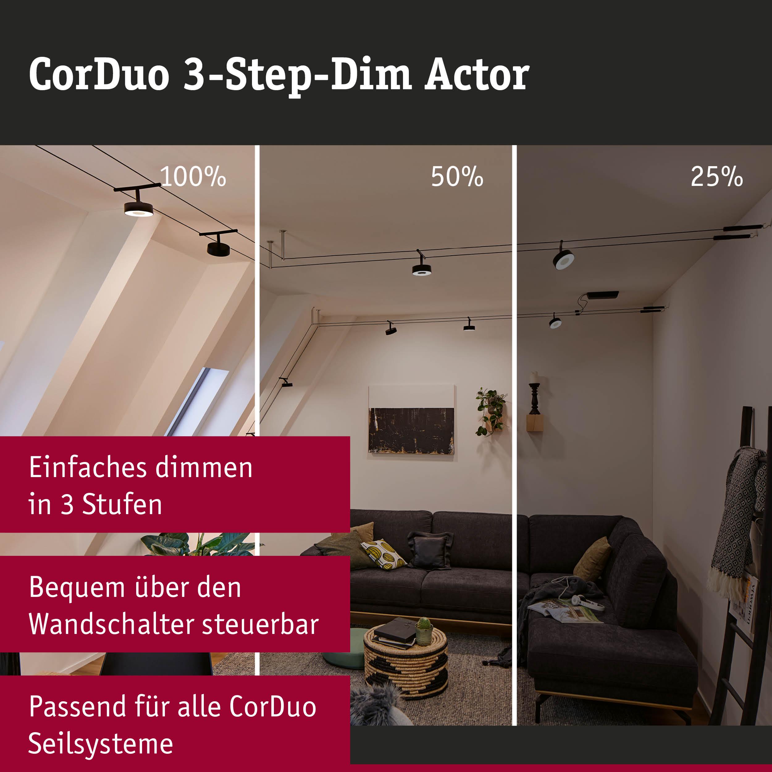 CorDuo 3-Stufen-Dimmer für schwarze Deckenstrahler zeigt Helligkeit 100%, 50%, 25% im Wohnzimmer