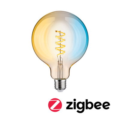 Glühbirne mit Spiralfaden in warmgelb und kühlem Blau für Zigbee Smart Home Beleuchtung