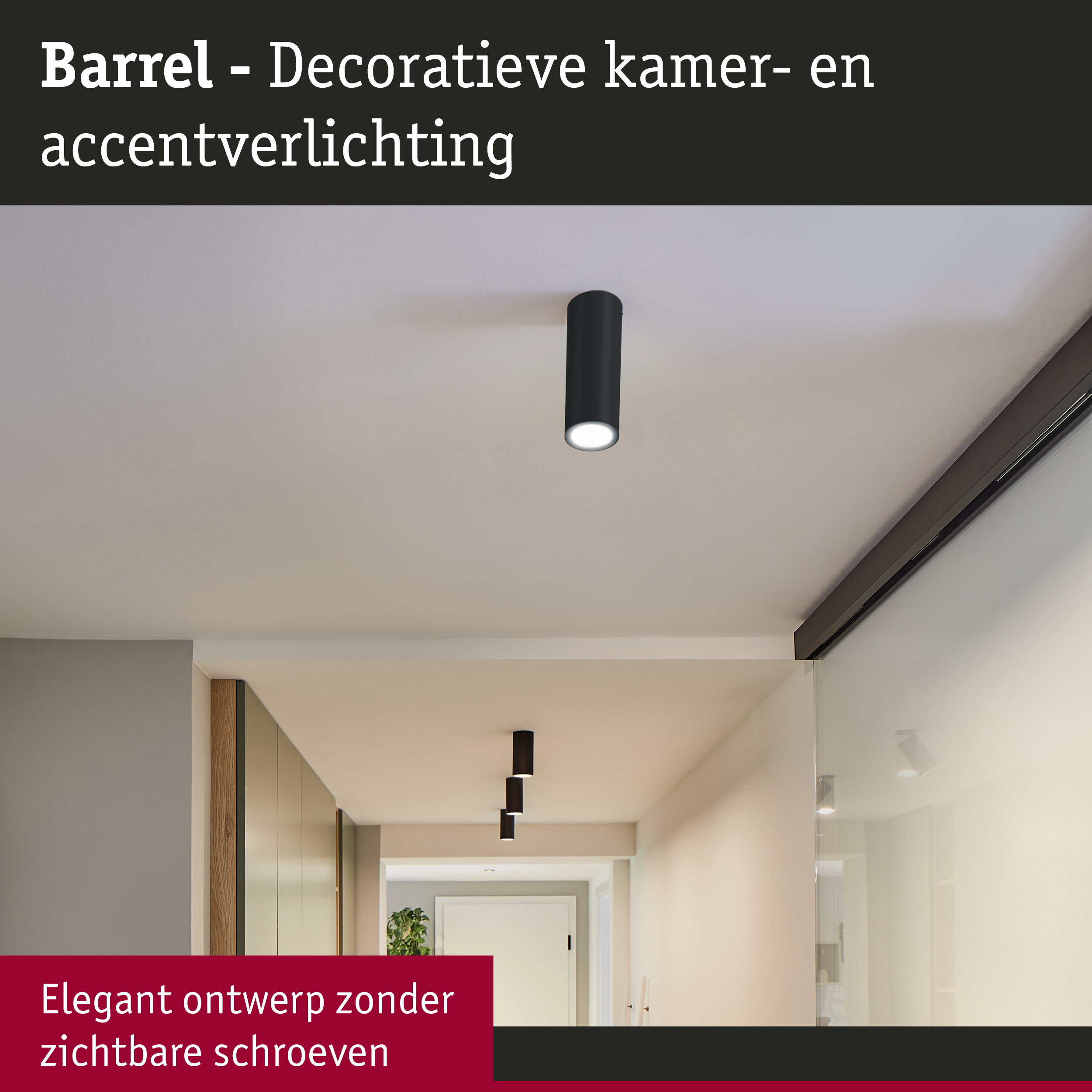 Zwarte cilindervormige Barrel plafondlamp van metaal voor decoratieve accentverlichting in de gang