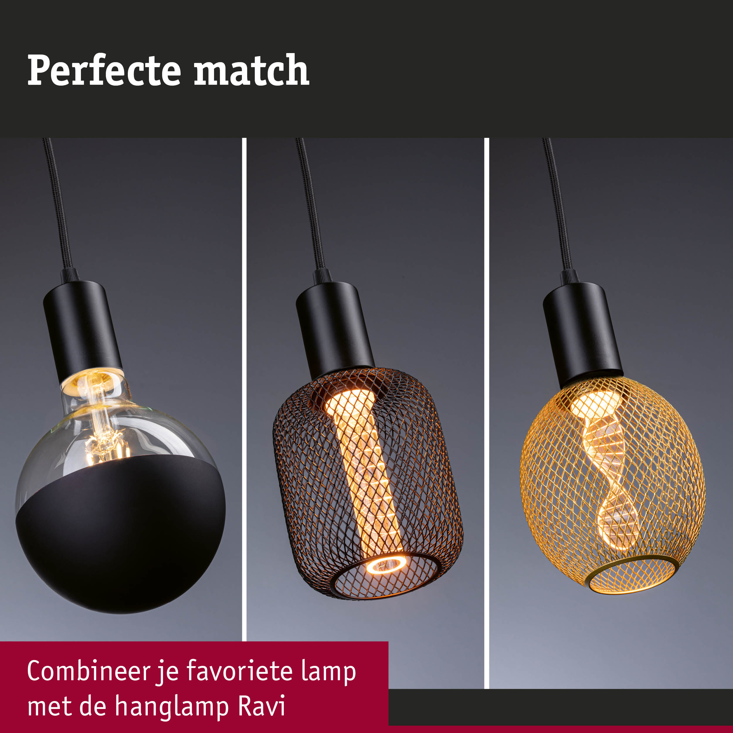Drie zwarte metalen hanglampen met verschillende lampenkappen in modern design en warm licht