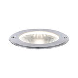 Round recessed LED light made of brushed aluminum in silver for modern lighting solutions