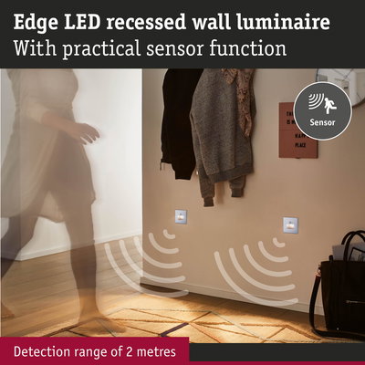 Edge LED recessed wall light with sensor and 2-meter detection range in a modern hallway setting.