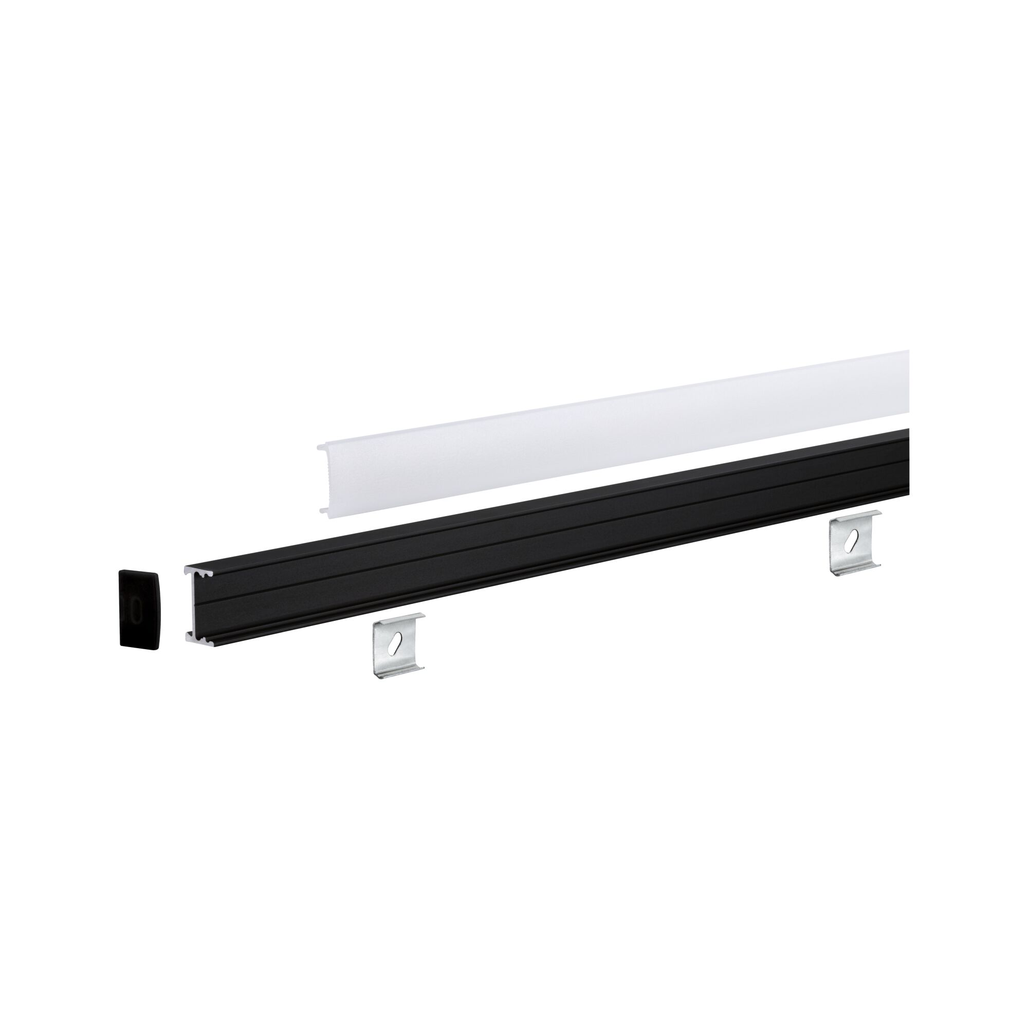 Black aluminium profile with white diffuser and mounting clips for LED strip lighting
