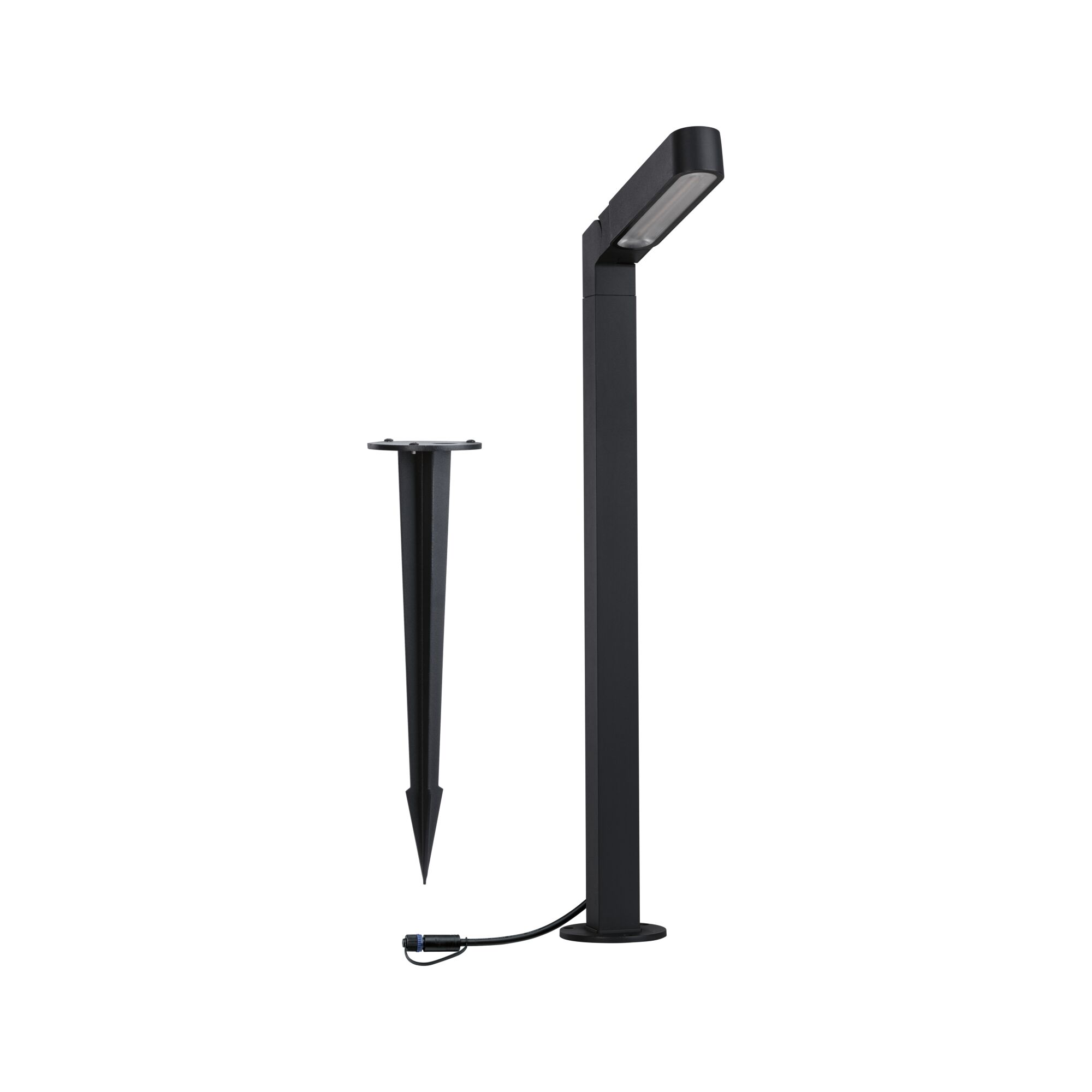 Black metal LED outdoor light with ground spike for garden and pathway lighting