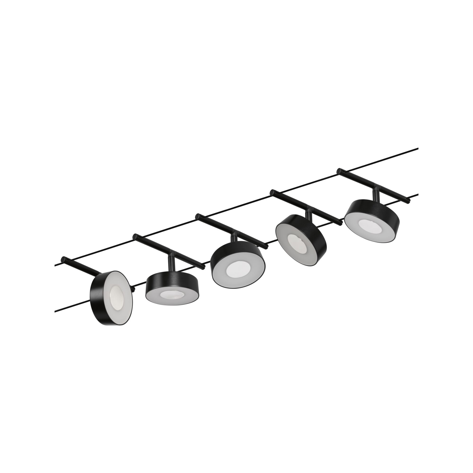 Black LED cable lighting system with five round metal spotlights for modern room illumination