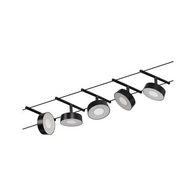 Black LED cable lighting system with five round metal spotlights for modern room illumination