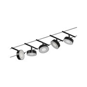 Système d'éclairage à câble LED noir avec cinq spots ronds en métal pour une lumière moderne