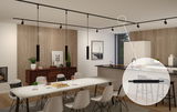 Modern dining area with black LED track spotlight in minimalist kitchen featuring wood panel walls