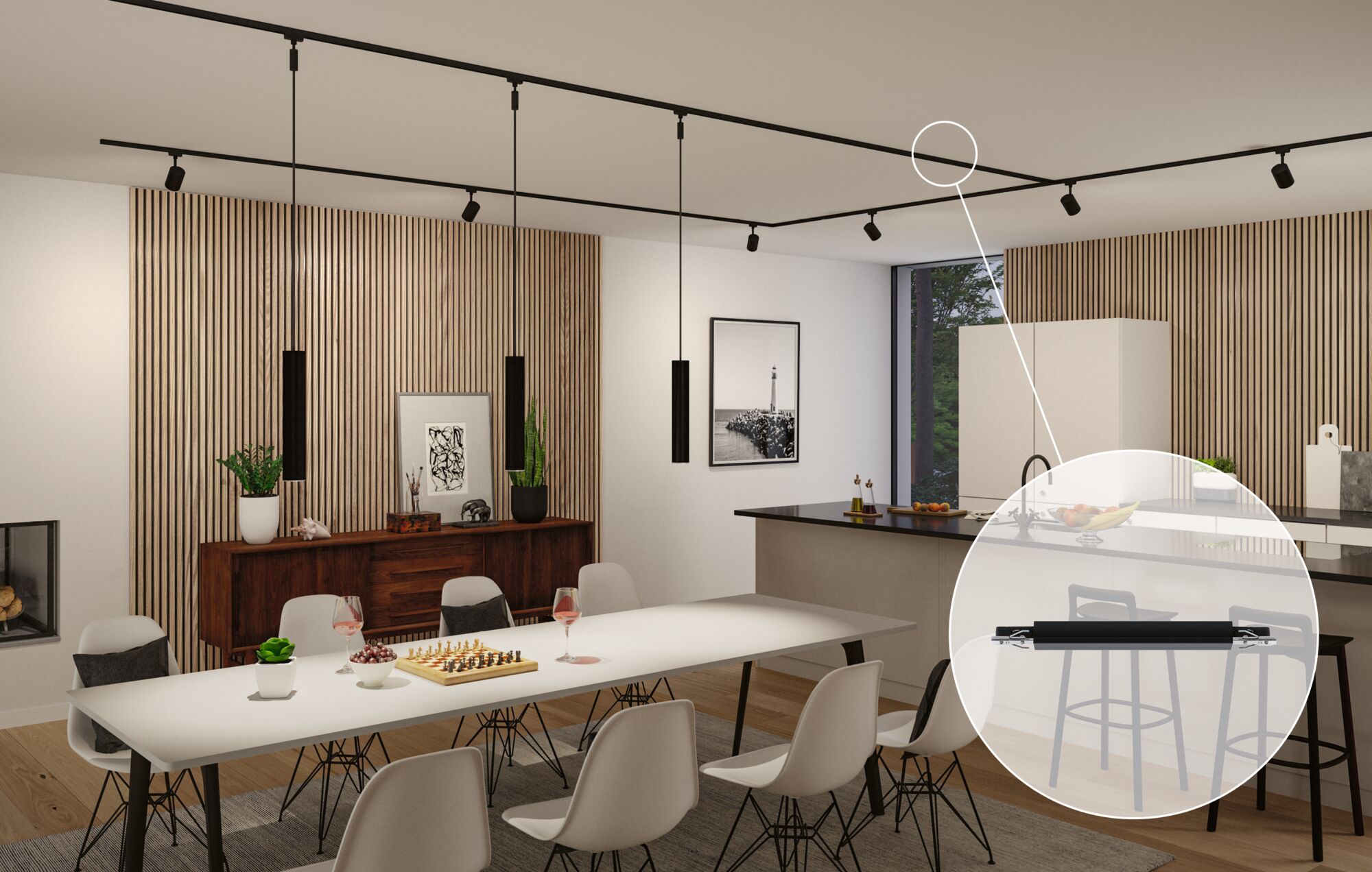 Salle à manger moderne avec spot LED noir sur rail dans une cuisine minimaliste aux murs en bois