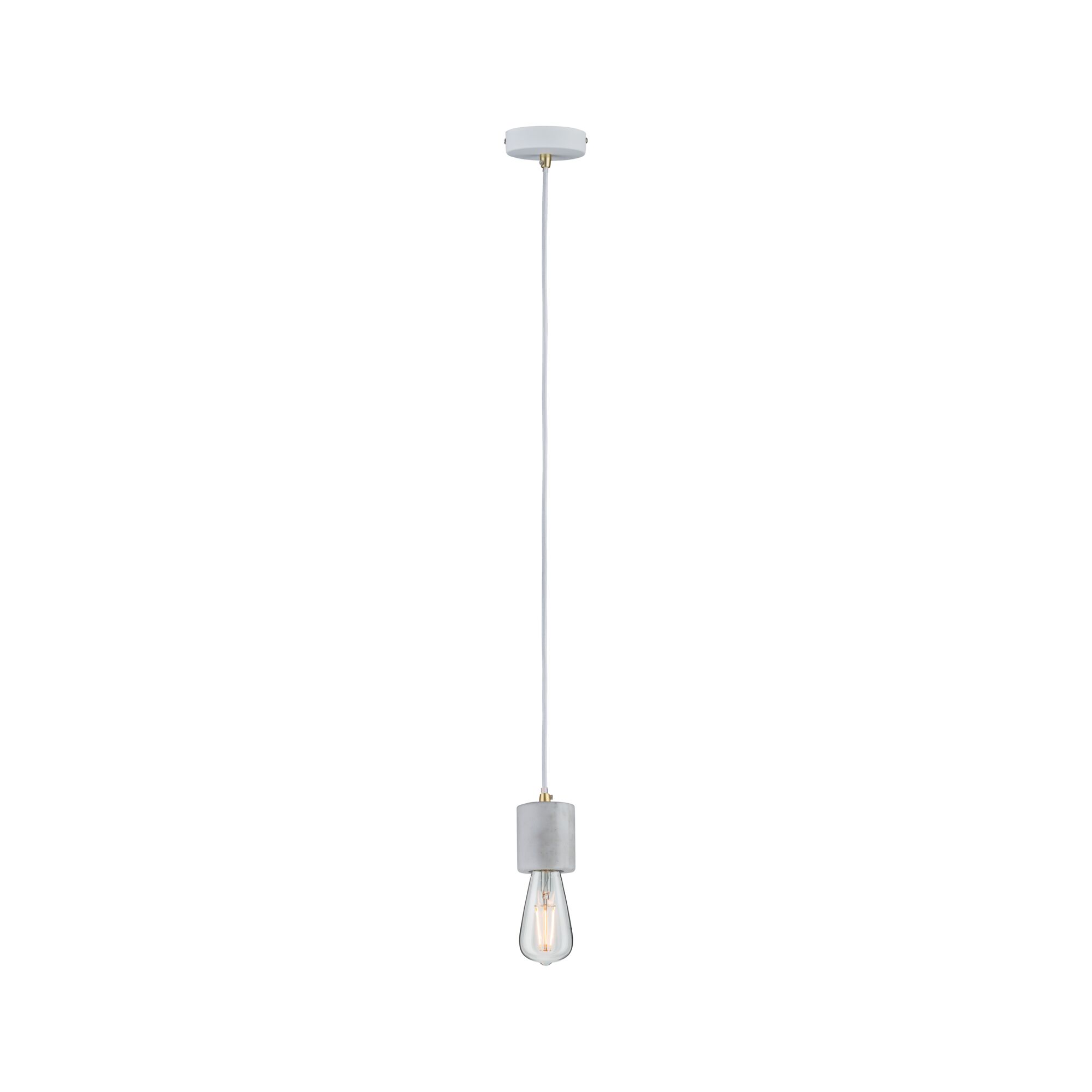 Minimalist pendant light made of grey concrete with exposed bulb for modern interior lighting