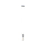 Minimalist pendant light made of grey concrete with exposed bulb for modern interior lighting