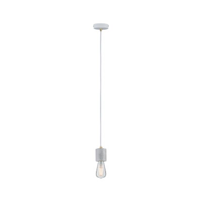 Suspension minimaliste en béton gris avec ampoule visible pour un éclairage intérieur moderne
